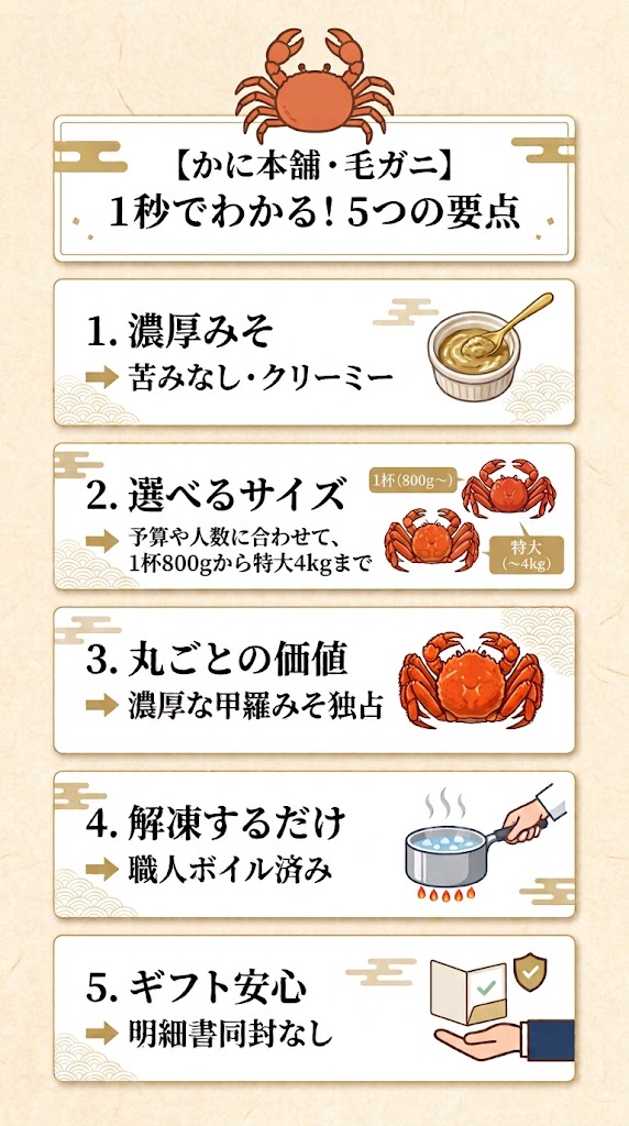 この記事の要点5つのポイント

極上の濃厚カニ味噌：急速冷凍で苦味がなく、クリーミーでコク深い味がぎっしり。
予算・人数で選べる：予算1万円（大満足の800g）から、大人数向けの4万円（驚異の4kg）まで網羅。
姿ならではの醍醐味：殻剥きの手間はありますが、丸ごとだからこそ濃厚な「甲羅みそ」を100%堪能。
解凍だけで専門店級の味：職人の浜茹で済み。冷蔵庫での自然解凍だけで極上の味に。
ギフト用でも安心：のし非対応ですが、金額のわかる納品書などは一切同封されません。